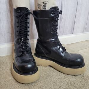 ASOS Alicia Premium Leather Chunky Lace-up Boots - Black w/ Beige Sole, size 37